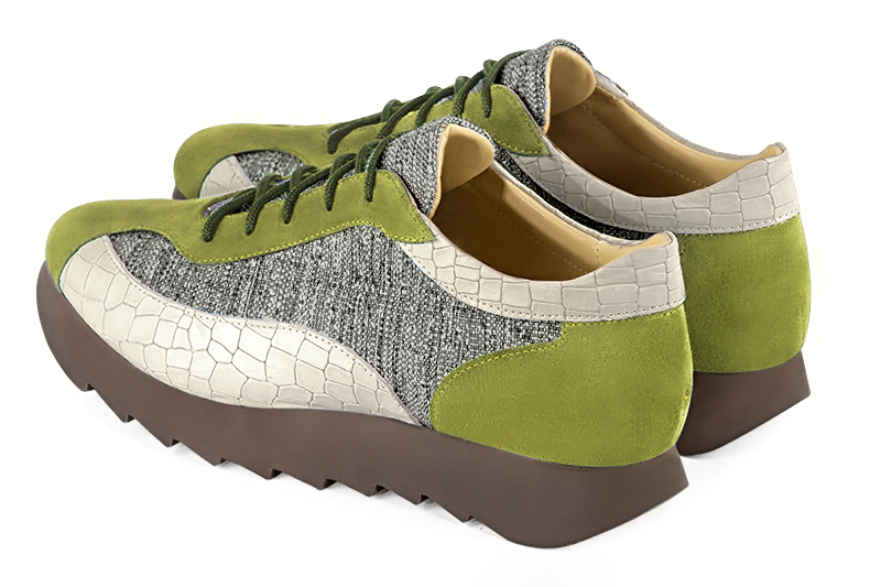 Pistachio green, ash grey and off white women's three-tone elegant sneakers. Round toe. Low rubber soles. Rear view - Florence KOOIJMAN